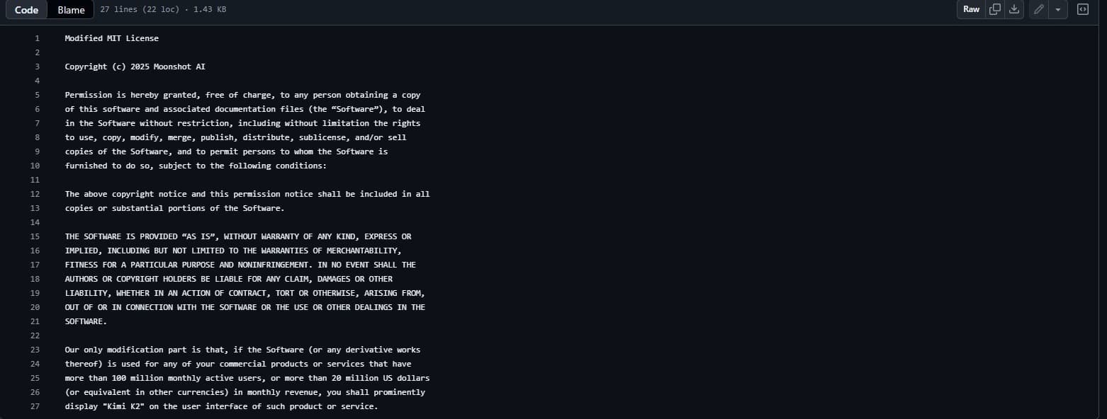 Texte intégral du fichier LICENSE de Kimi K2 sur le GitHub officiel de Moonshot AI, avec la clause ajoutée à la MIT