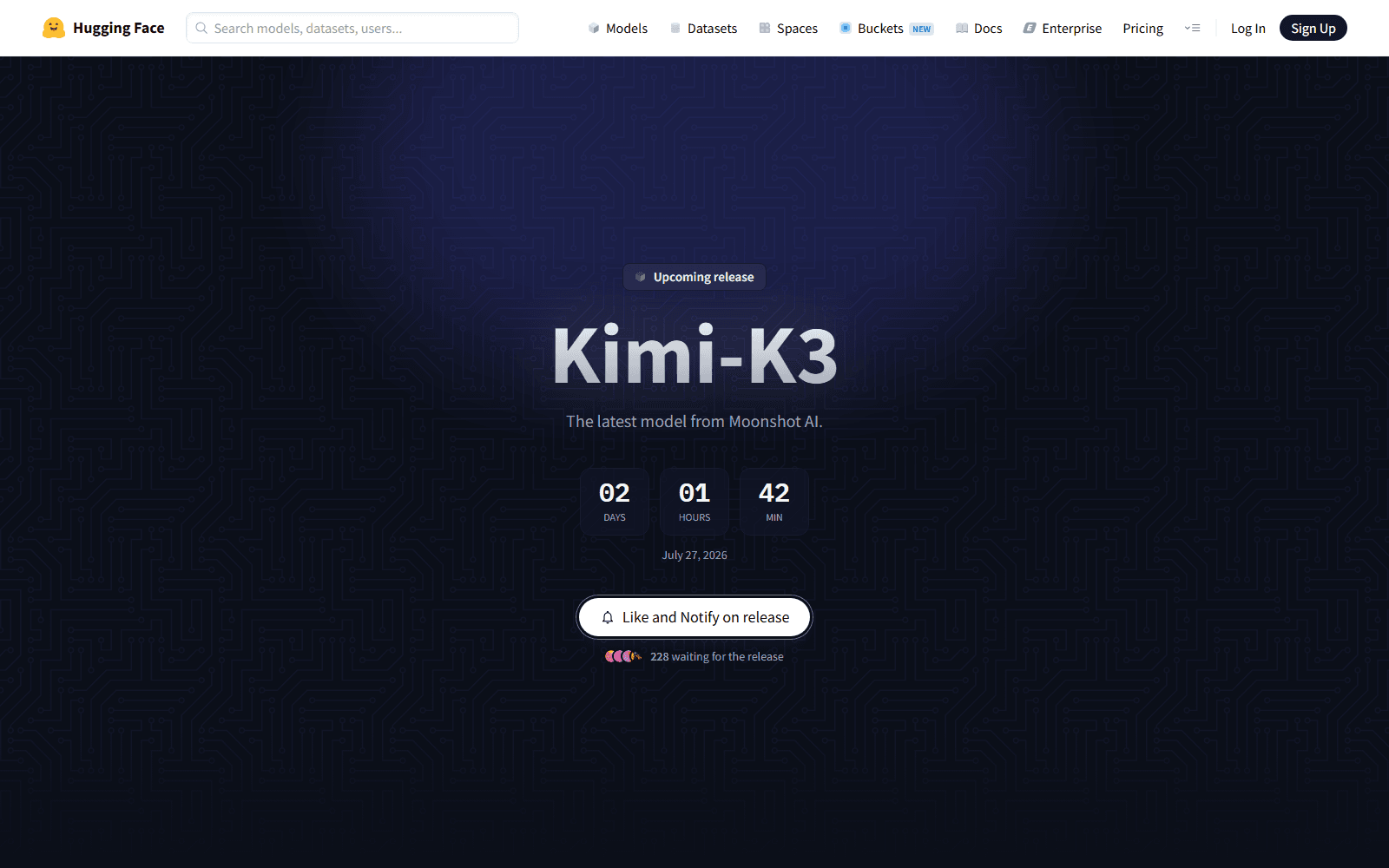 Page Hugging Face officielle de Kimi K3 le 25 juillet 2026, avec badge Upcoming release et compte à rebours