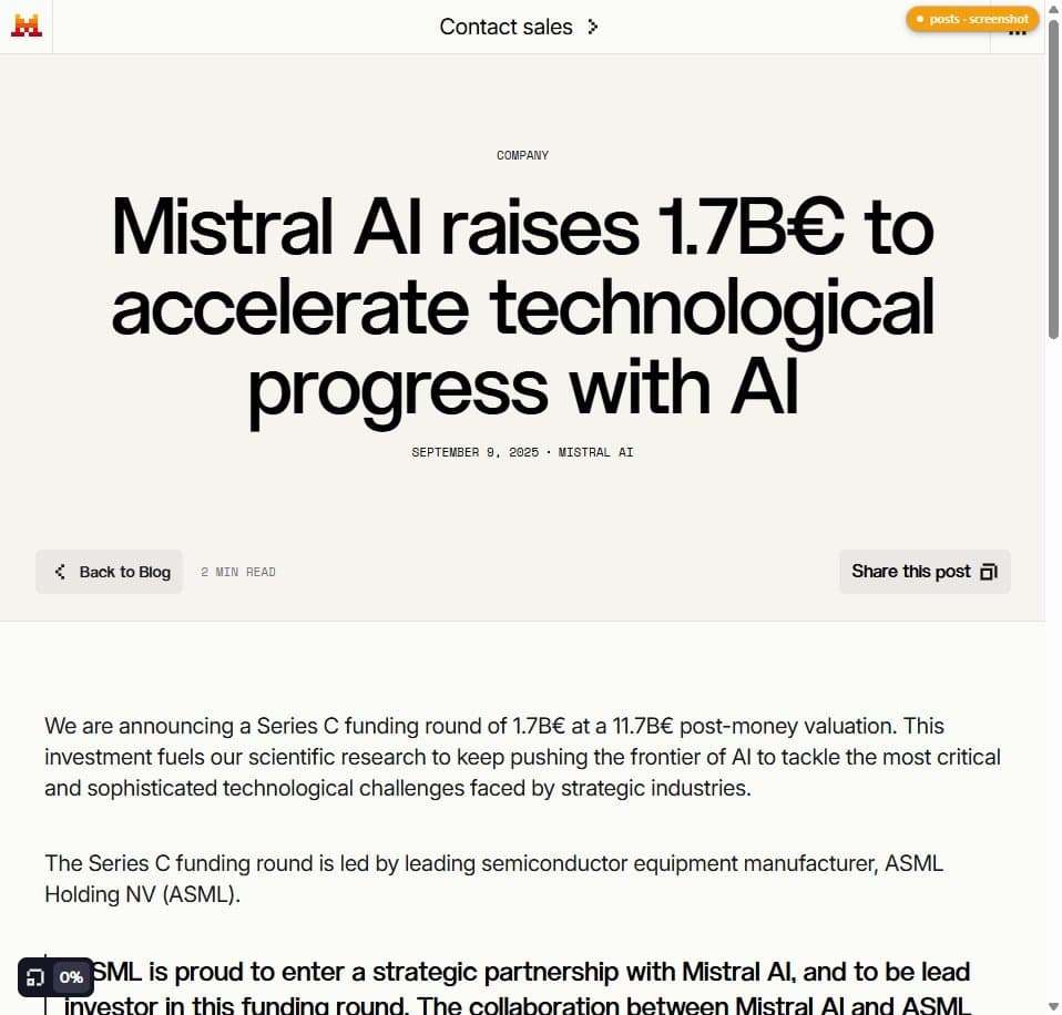 Annonce officielle de la Série C Mistral AI sur mistral.ai, titre et chiffres clés visibles