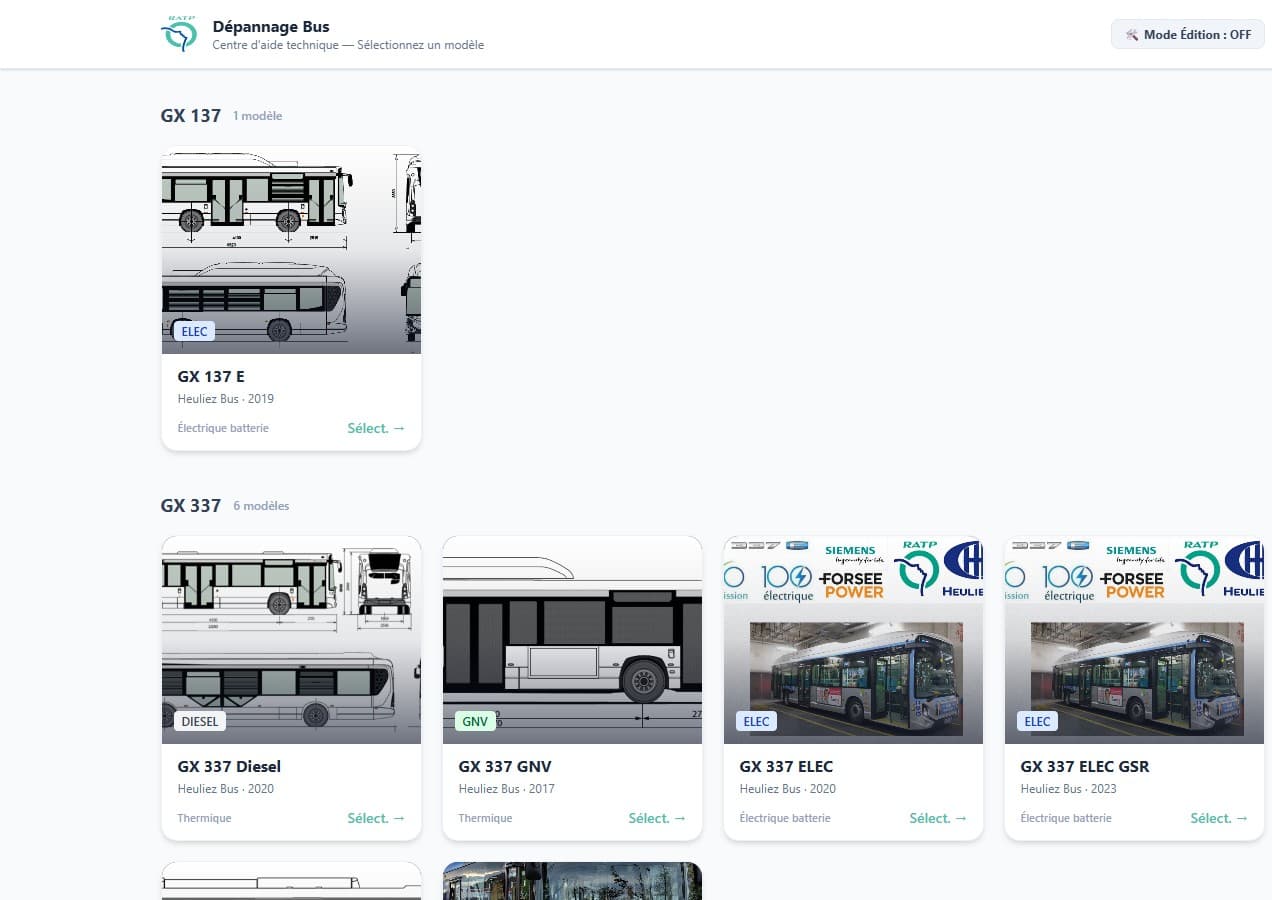 Bus model selection screen, with a thumbnail per vehicle and an energy badge