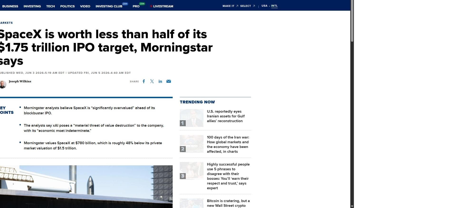Article CNBC du 3 juin 2026 : Morningstar valorise SpaceX à 780 Md$ contre le prix d'IPO à 1,75 trillion, xAI qualifié de 'material threat of value destruction'
